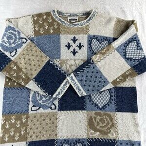 Vtg 80s Adele Knitwear Patchwork Sweater XL Blue Hearts Roses Cottagecore